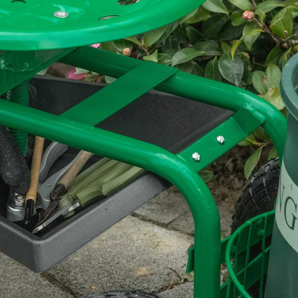 Outsunny sodo vežimėlis, dirbtuvių vežimėlis, sodo kėdė su besisukančia sėdyne ir krepšiu, reguliuojamo aukščio, 150 kg keliamoji galia, metalas+guma, žalia, 81 x 44,5 x 46–59 cm