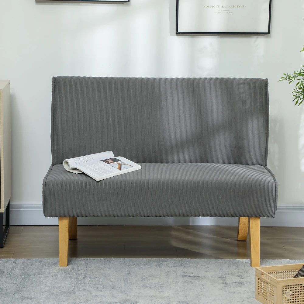 HOMCOM 2-vietė sofa, sofa su velveto optika, medinės kojelės, paminkštinta sofa, dvivietė sofa miegamajam, svetainei, 110 x 62 x 85 cm, pilka