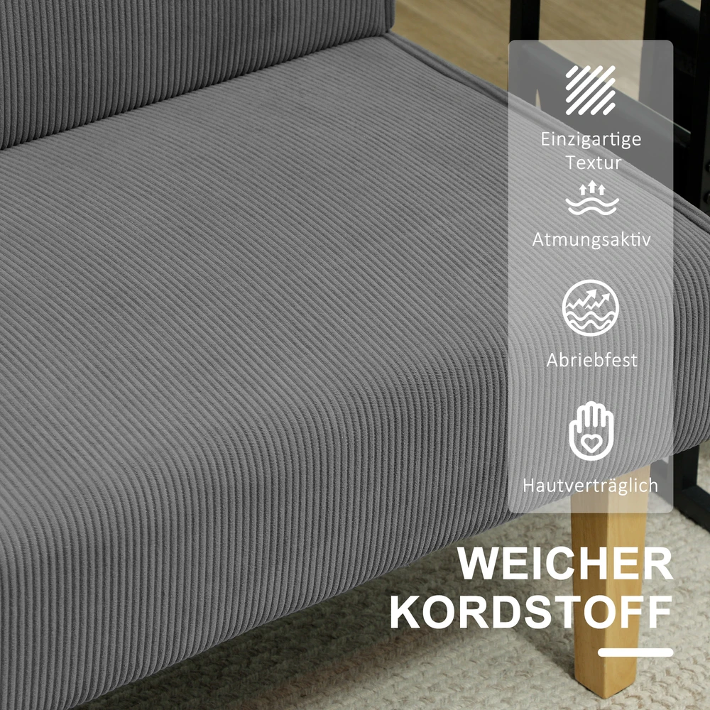HOMCOM 2-vietė sofa, sofa su velveto optika, medinės kojelės, paminkštinta sofa, dvivietė sofa miegamajam, svetainei, 110 x 62 x 85 cm, pilka