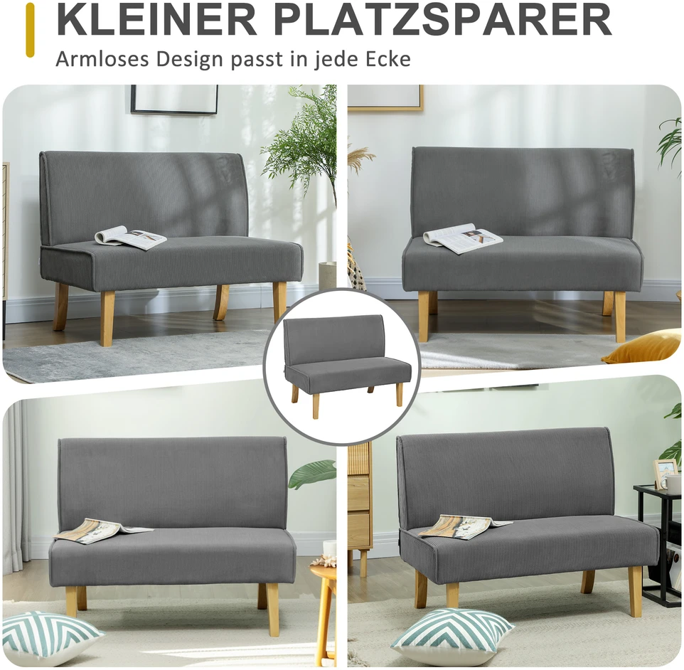 HOMCOM 2-vietė sofa, sofa su velveto optika, medinės kojelės, paminkštinta sofa, dvivietė sofa miegamajam, svetainei, 110 x 62 x 85 cm, pilka