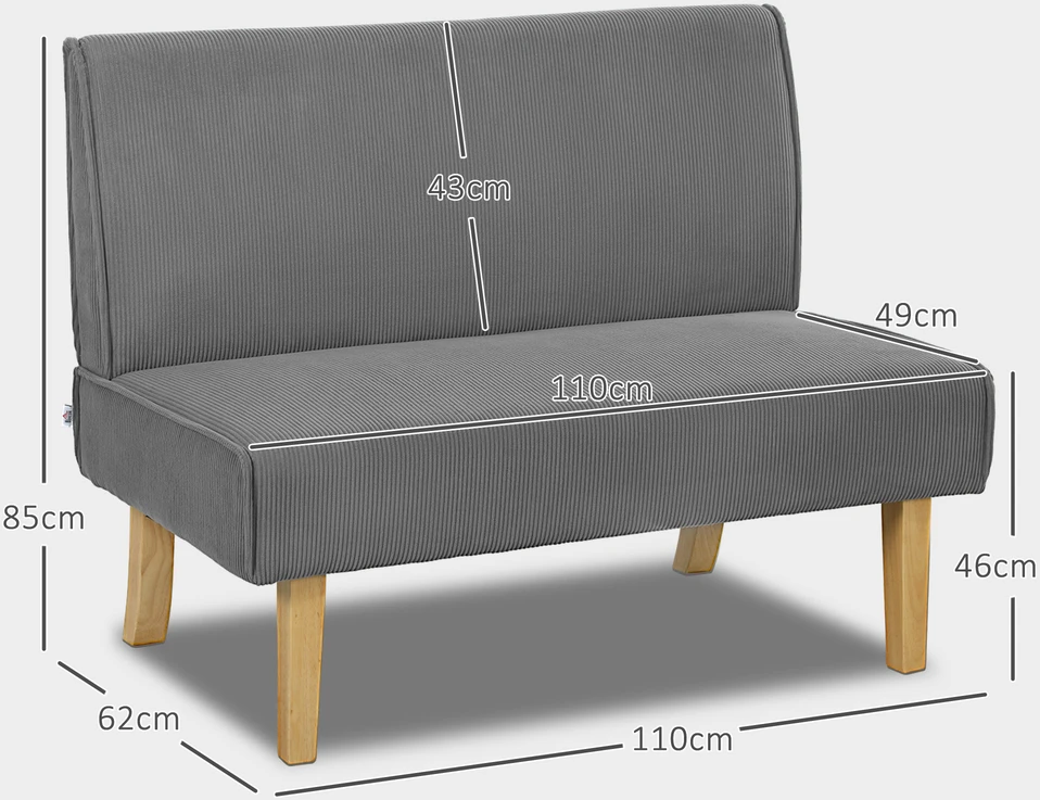 HOMCOM 2-vietė sofa, sofa su velveto optika, medinės kojelės, paminkštinta sofa, dvivietė sofa miegamajam, svetainei, 110 x 62 x 85 cm, pilka