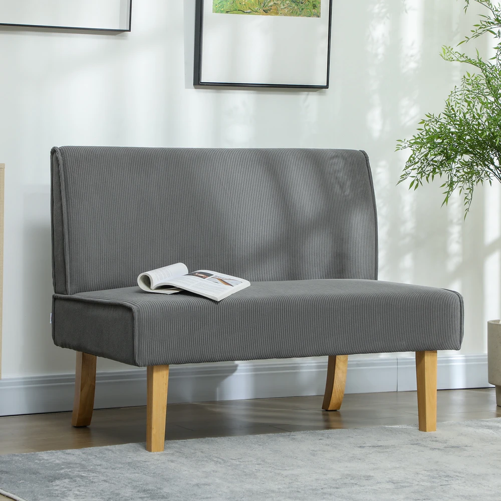HOMCOM 2-vietė sofa, sofa su velveto optika, medinės kojelės, paminkštinta sofa, dvivietė sofa miegamajam, svetainei, 110 x 62 x 85 cm, pilka