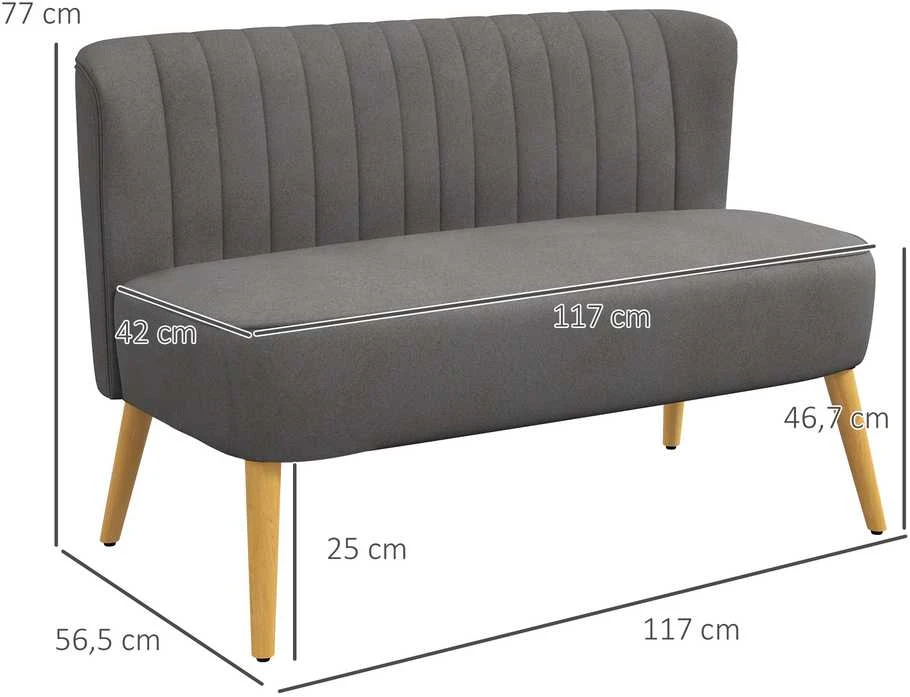 HOMCOM 2-vietė sofa, dvivietis suolo tipo krėslas, linų audinio išvaizda, medinės kojelės, iki 150 kg, tamsiai pilka, 117 x 56,5 x 77 cm