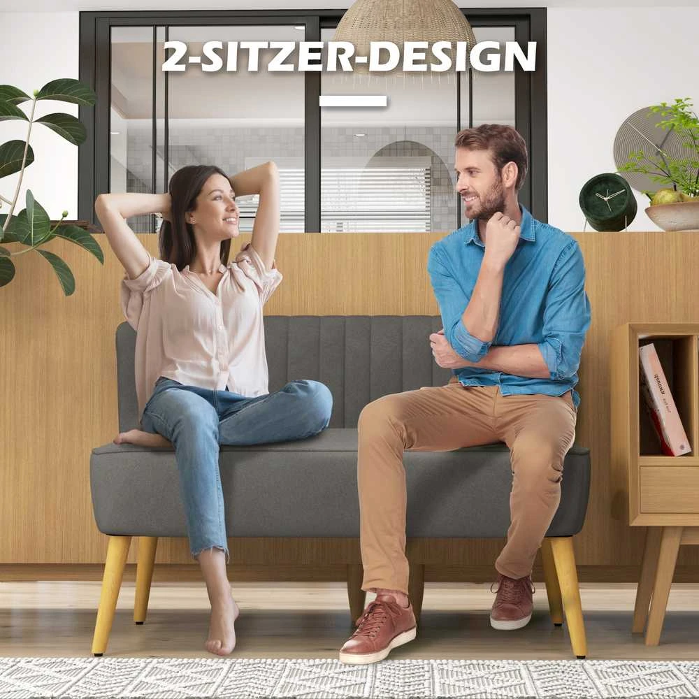 HOMCOM 2-vietė sofa, dvivietis suolo tipo krėslas, linų audinio išvaizda, medinės kojelės, iki 150 kg, tamsiai pilka, 117 x 56,5 x 77 cm