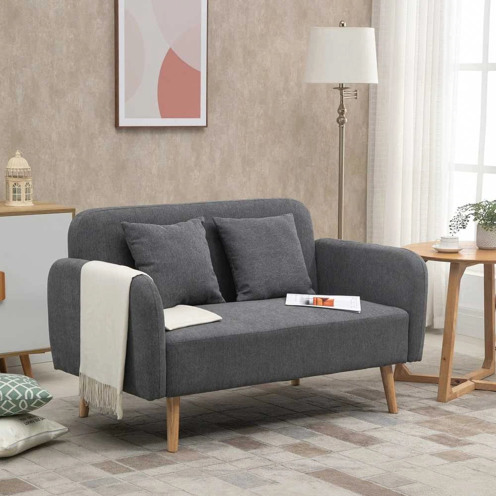 HOMCOM dvivietė sofa, „Loveseat“ su pagalvėlėmis, reguliuojamos kojų atramos, aksominis poliesteris, kaučiukmedis, porolonas, 2 vietų, audinio užvalkalas