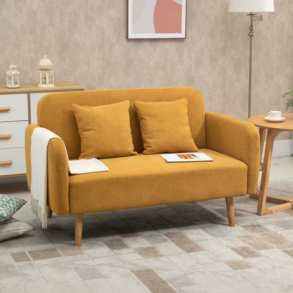 HOMCOM dvivietė sofa, loveseat su pagalvėmis, reguliuojamos pėdų atramos, veliūrinis poliesteris, porolonas, kompaktiško dizaino, 2 vietų, natūrali + geltona
