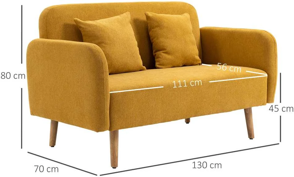 HOMCOM dvivietė sofa, loveseat su pagalvėmis, reguliuojamos pėdų atramos, veliūrinis poliesteris, porolonas, kompaktiško dizaino, 2 vietų, natūrali + geltona