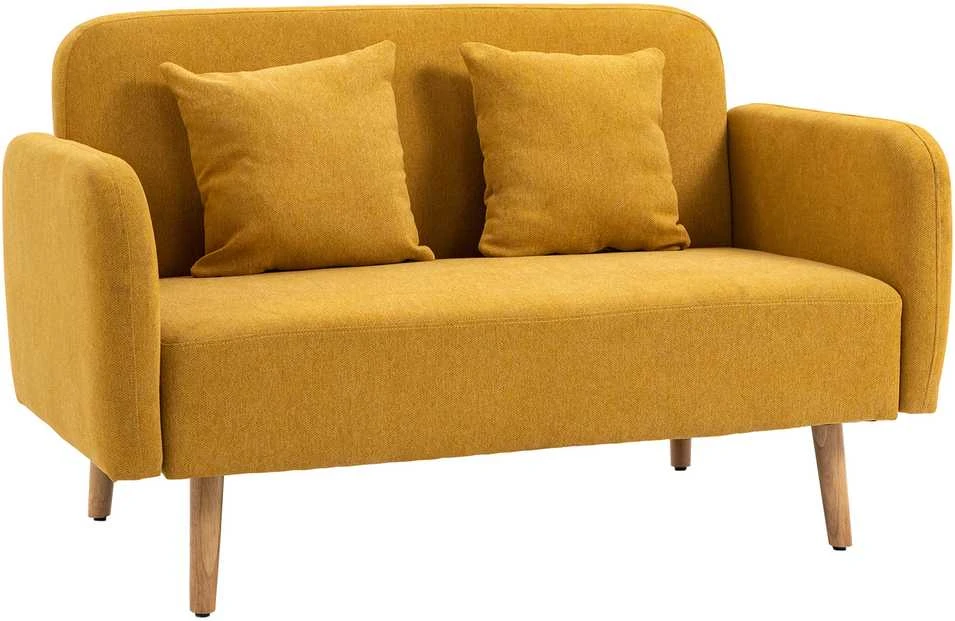 HOMCOM dvivietė sofa, loveseat su pagalvėmis, reguliuojamos pėdų atramos, veliūrinis poliesteris, porolonas, kompaktiško dizaino, 2 vietų, natūrali + geltona
