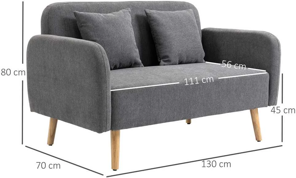 HOMCOM dvivietė sofa, „Loveseat“ su pagalvėlėmis, reguliuojamos kojų atramos, aksominis poliesteris, kaučiukmedis, porolonas, 2 vietų, audinio užvalkalas