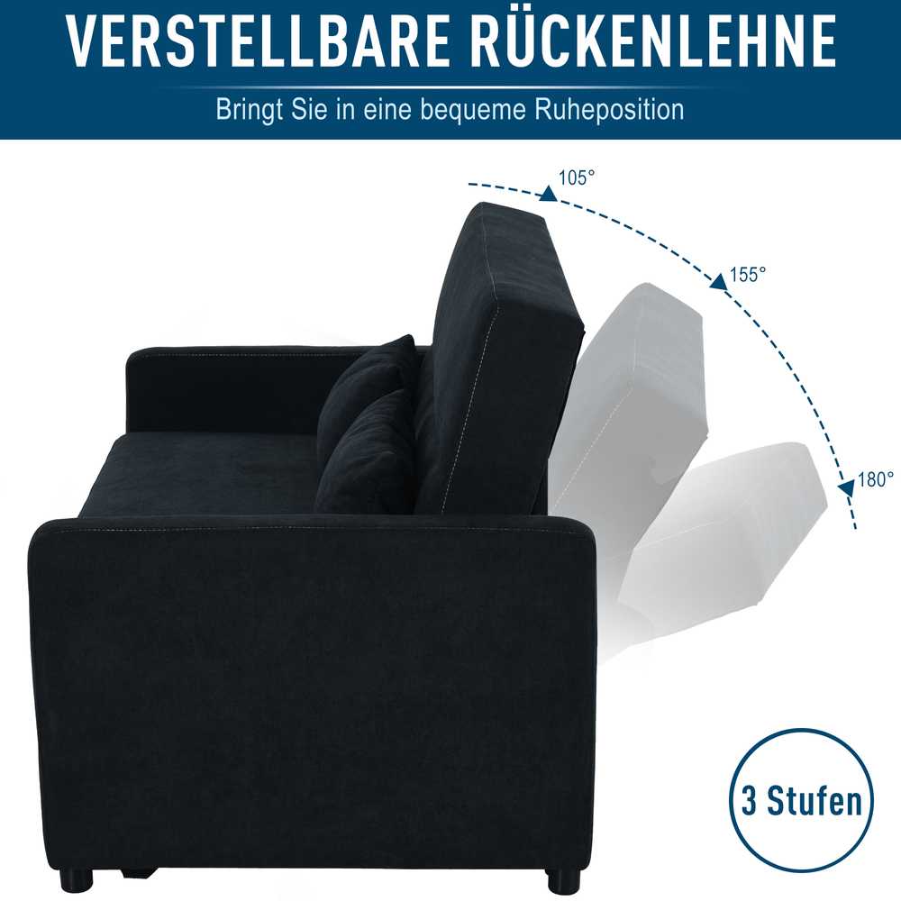 HOMCOM sofa lova, sulankstoma sofa, 2 vietų medžiaginė sofa, sofa-lova, sofa su miegojimo funkcija, sofų komplektas, reguliuojamas kampas, juoda, 148 x 82 x 89 cm