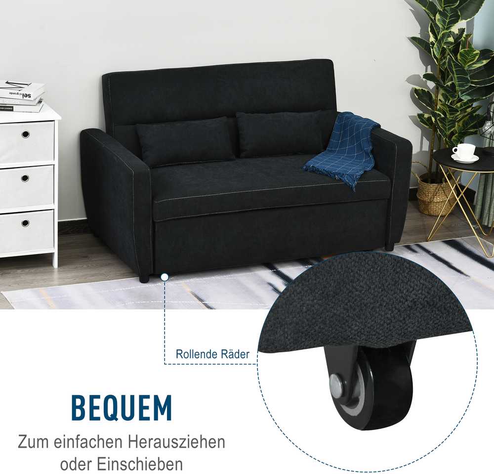 HOMCOM sofa lova, sulankstoma sofa, 2 vietų medžiaginė sofa, sofa-lova, sofa su miegojimo funkcija, sofų komplektas, reguliuojamas kampas, juoda, 148 x 82 x 89 cm