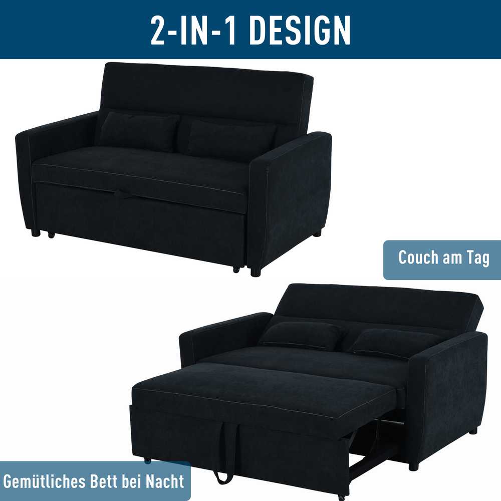 HOMCOM sofa lova, sulankstoma sofa, 2 vietų medžiaginė sofa, sofa-lova, sofa su miegojimo funkcija, sofų komplektas, reguliuojamas kampas, juoda, 148 x 82 x 89 cm