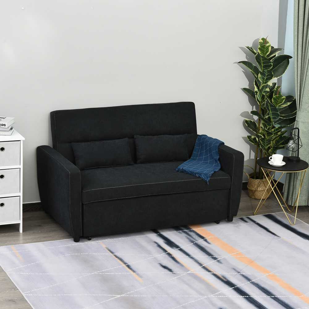HOMCOM sofa lova, sulankstoma sofa, 2 vietų medžiaginė sofa, sofa-lova, sofa su miegojimo funkcija, sofų komplektas, reguliuojamas kampas, juoda, 148 x 82 x 89 cm