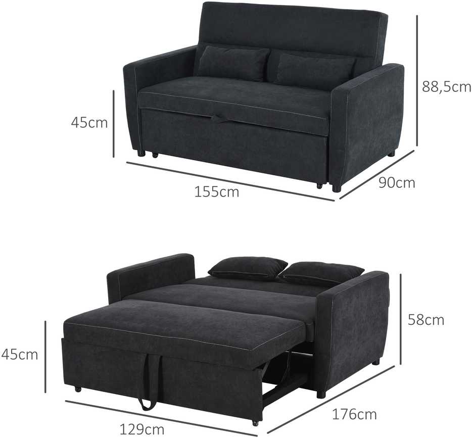 HOMCOM sofa lova, sulankstoma sofa, 2 vietų medžiaginė sofa, sofa-lova, sofa su miegojimo funkcija, sofų komplektas, reguliuojamas kampas, juoda, 148 x 82 x 89 cm