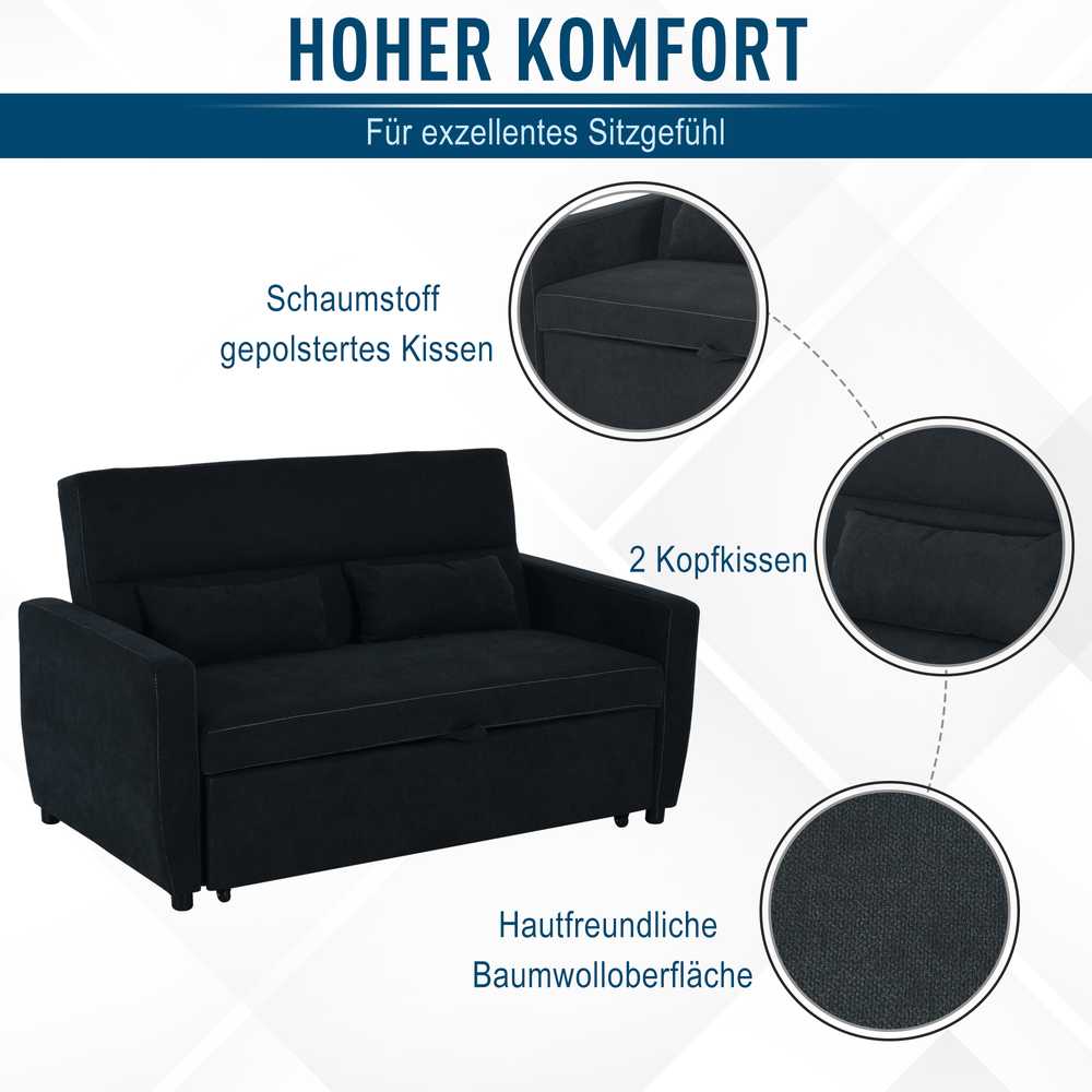HOMCOM sofa lova, sulankstoma sofa, 2 vietų medžiaginė sofa, sofa-lova, sofa su miegojimo funkcija, sofų komplektas, reguliuojamas kampas, juoda, 148 x 82 x 89 cm
