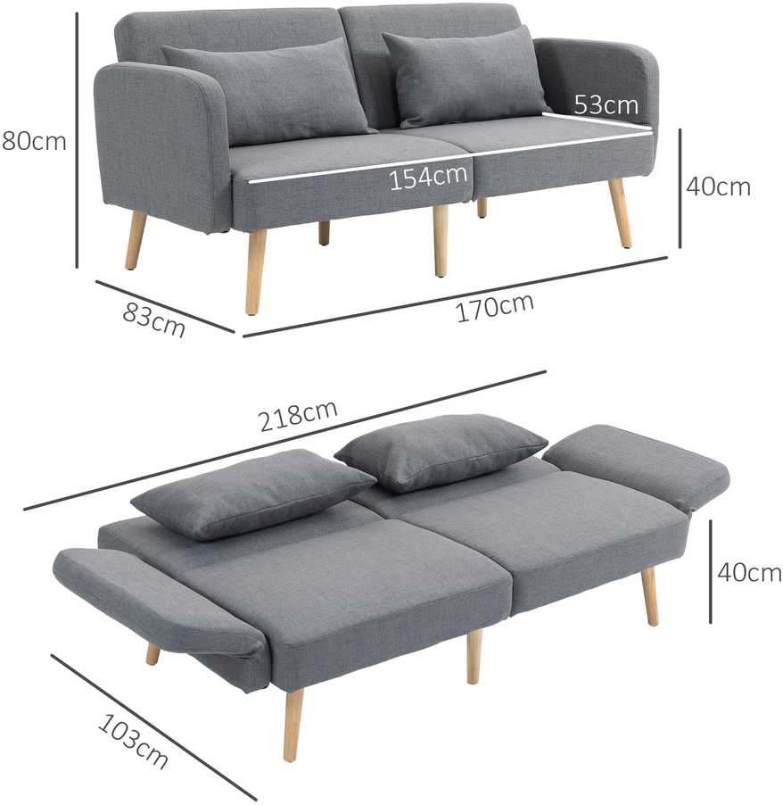 HOMCOM Sofa-lova, 2 vietų sulankstoma lova su lovos funkcija, 2 pagalvėlės, 3 vietų minkšta sofa su reguliuojamu atlošu, lininės išvaizdos, skirta svetainei, miegamajam, 170 x 83 x 80 cm, pilka