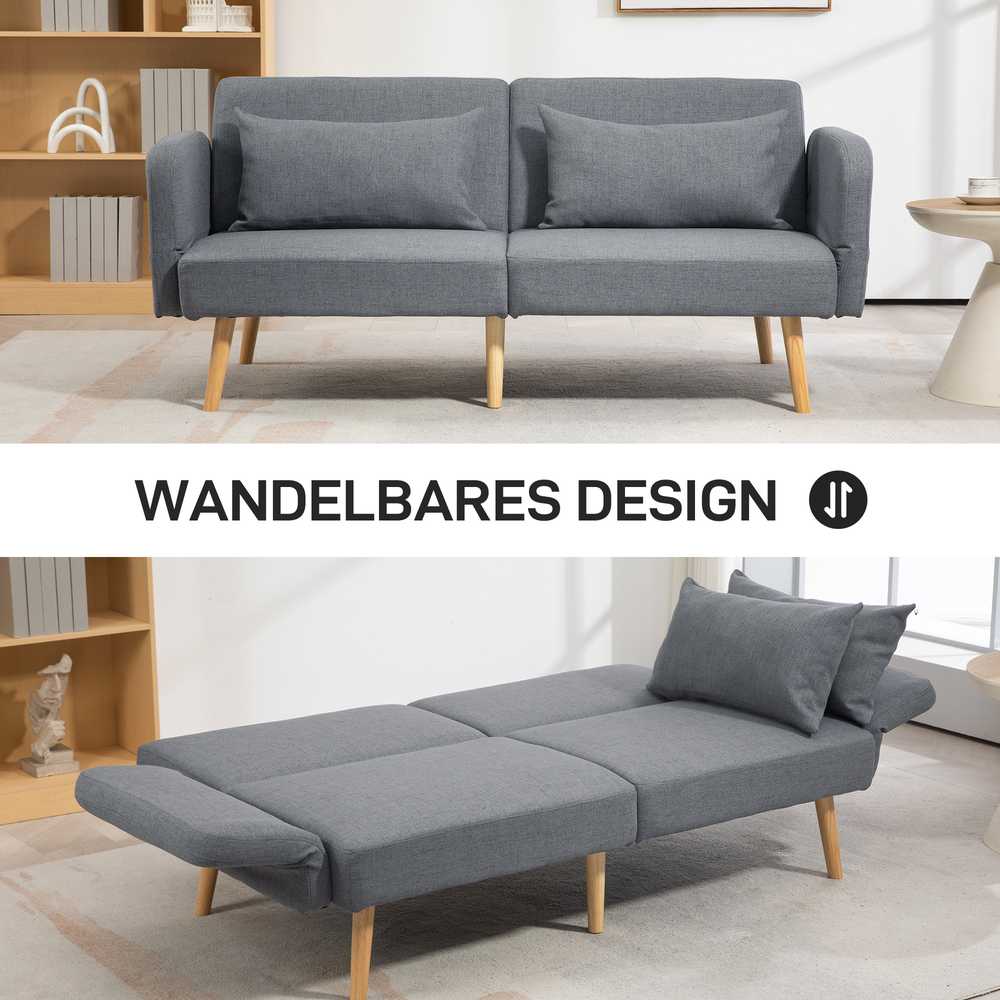 HOMCOM Sofa-lova, 2 vietų sulankstoma lova su lovos funkcija, 2 pagalvėlės, 3 vietų minkšta sofa su reguliuojamu atlošu, lininės išvaizdos, skirta svetainei, miegamajam, 170 x 83 x 80 cm, pilka