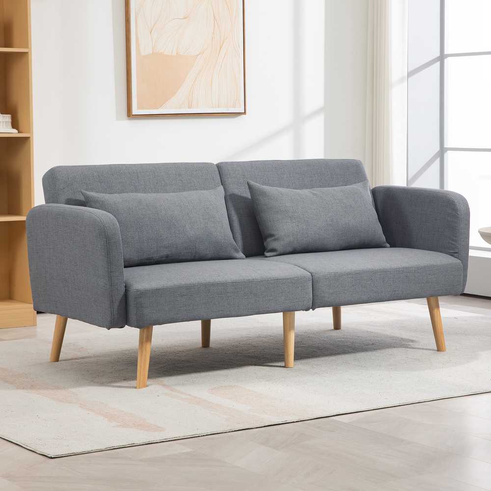 HOMCOM Sofa-lova, 2 vietų sulankstoma lova su lovos funkcija, 2 pagalvėlės, 3 vietų minkšta sofa su reguliuojamu atlošu, lininės išvaizdos, skirta svetainei, miegamajam, 170 x 83 x 80 cm, pilka
