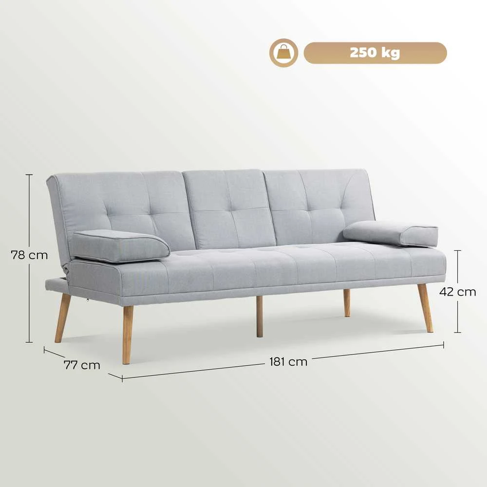 HOMCOM išskleidžiama sofa, patogi sofa-lova, 3 vietų, sofos lova, linas, šviesiai pilka, 181x77x72 cm