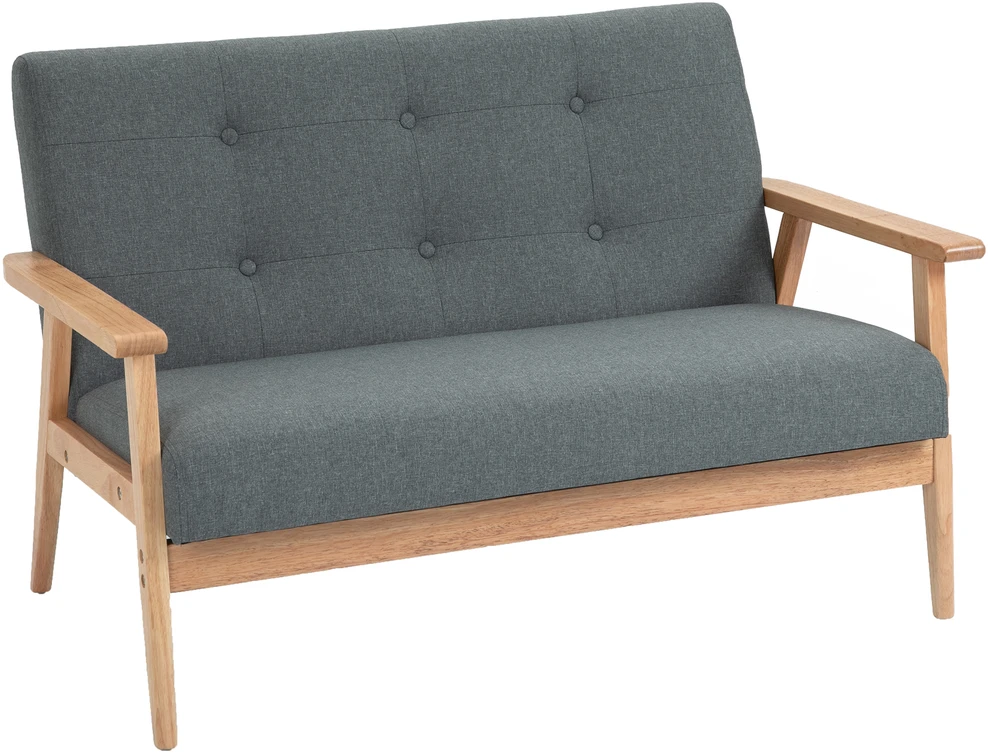 HOMCOM dvivietė sofa, kompaktiškas dizainas, audinio sofa, linas ir guminis medis, pilka, 115x66,5x73 cm