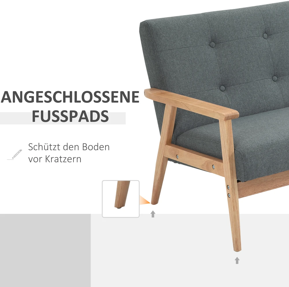 HOMCOM dvivietė sofa, kompaktiškas dizainas, audinio sofa, linas ir guminis medis, pilka, 115x66,5x73 cm