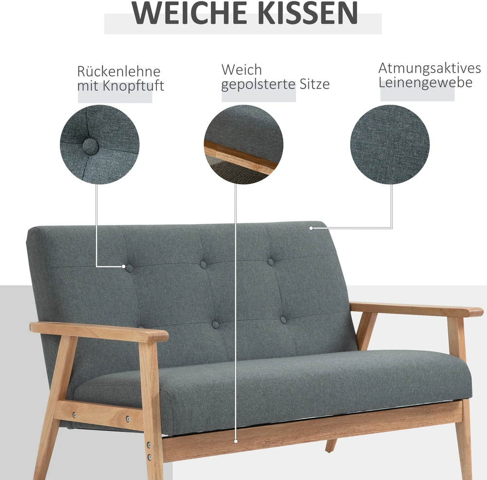 HOMCOM dvivietė sofa, kompaktiškas dizainas, audinio sofa, linas ir guminis medis, pilka, 115x66,5x73 cm