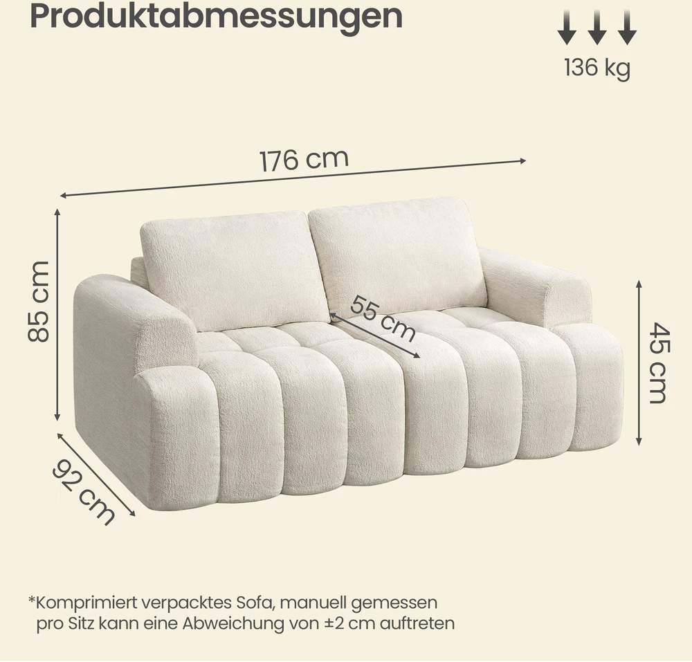 Songmics Sofa be rėmo, modulinė, balta, 176 × 92 × 85 cm