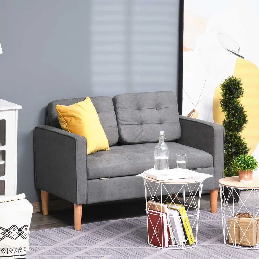 HOMCOM 2-viečių sofa, medžiaginė, nuimama, su pagalvėlėmis, kaučiukmedis, medvilnė, pilka, 117 x 62 x 78 cm