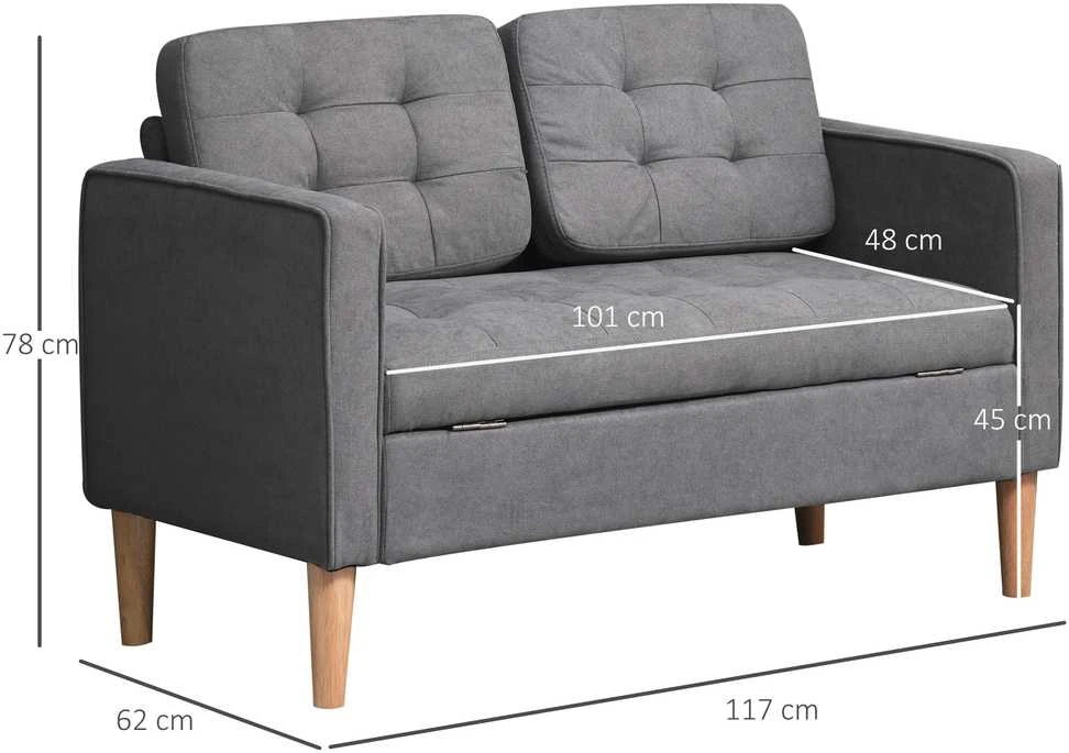 HOMCOM 2-viečių sofa, medžiaginė, nuimama, su pagalvėlėmis, kaučiukmedis, medvilnė, pilka, 117 x 62 x 78 cm