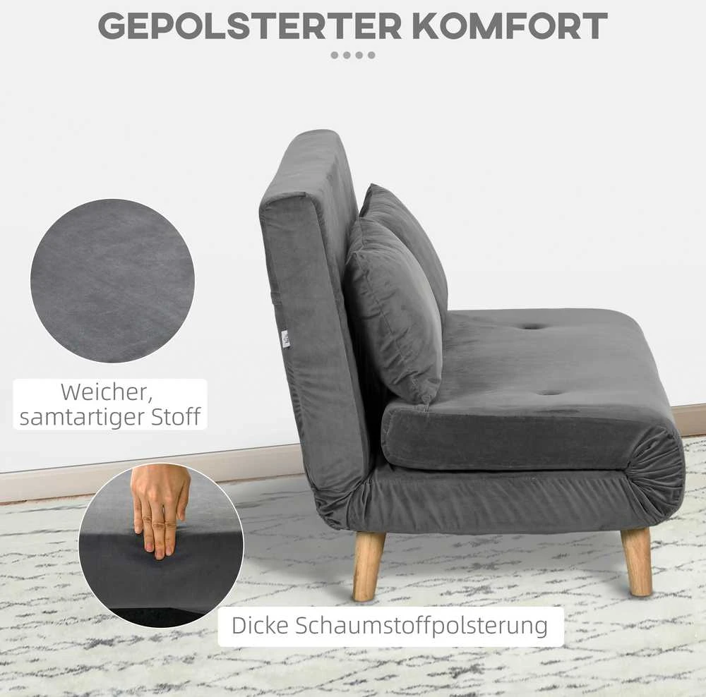 HOMCOM 2 vietų sofa-lova, išskleidžiama sofa su miegamąja funkcija, reguliuojamu atlošu, pagalvėlėmis, aksominės išvaizdos, pilka, 130 x 78 x 79 cm
