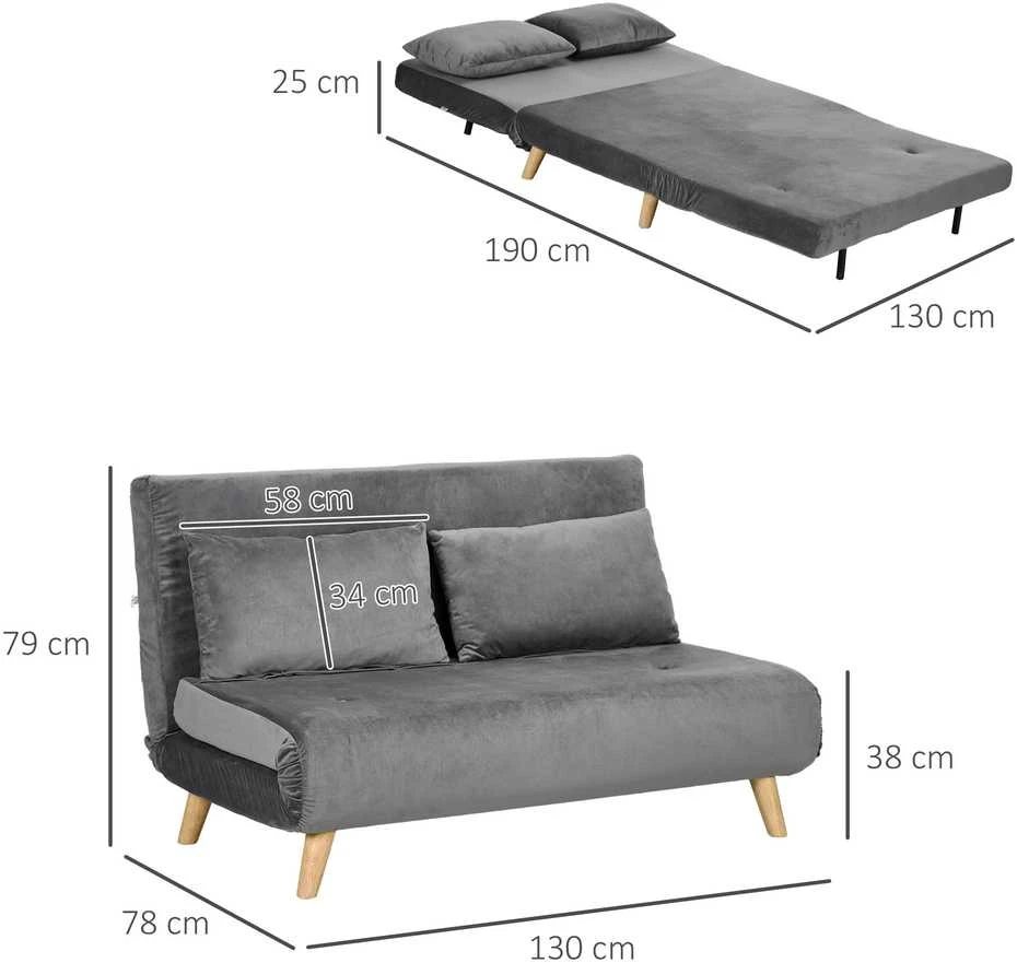 HOMCOM 2 vietų sofa-lova, išskleidžiama sofa su miegamąja funkcija, reguliuojamu atlošu, pagalvėlėmis, aksominės išvaizdos, pilka, 130 x 78 x 79 cm