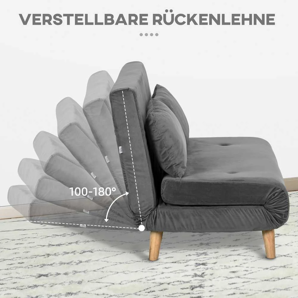 HOMCOM 2 vietų sofa-lova, išskleidžiama sofa su miegamąja funkcija, reguliuojamu atlošu, pagalvėlėmis, aksominės išvaizdos, pilka, 130 x 78 x 79 cm