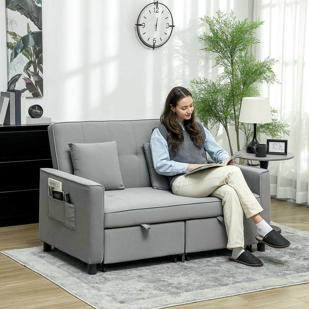 HOMCOM Sofa-lova, 2 vietų sofa su miegojimo funkcija, reguliuojamas atlošas, sofa su pagalvėlėmis, aksomo išvaizdos, L formos sofa-lova su lovos pagrindu, su ratukais, skirta svetainei, svečių kambariui, pilka