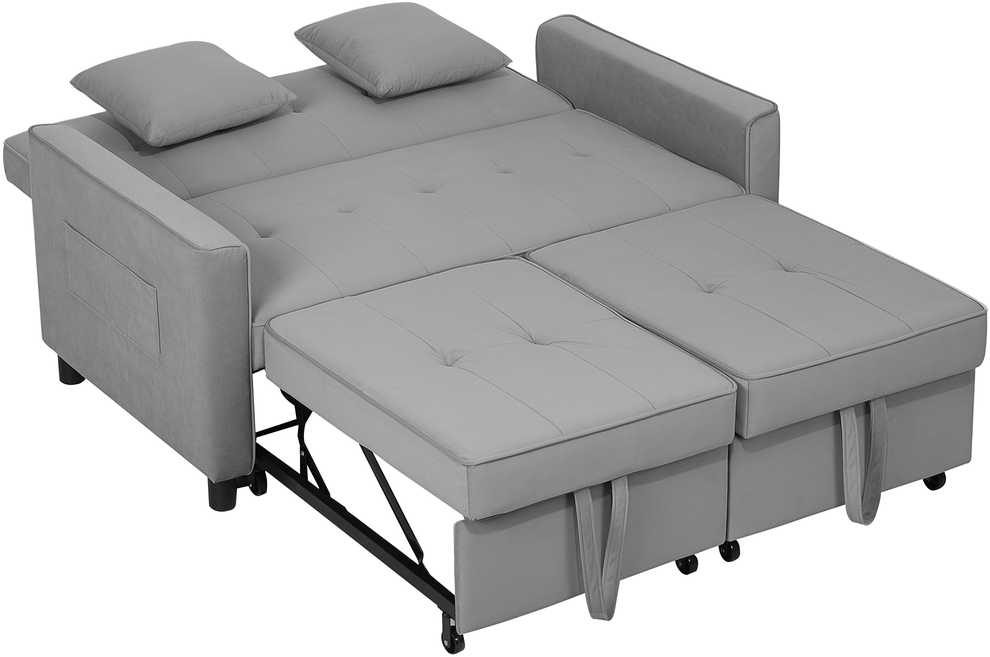 HOMCOM Sofa-lova, 2 vietų sofa su miegojimo funkcija, reguliuojamas atlošas, sofa su pagalvėlėmis, aksomo išvaizdos, L formos sofa-lova su lovos pagrindu, su ratukais, skirta svetainei, svečių kambariui, pilka