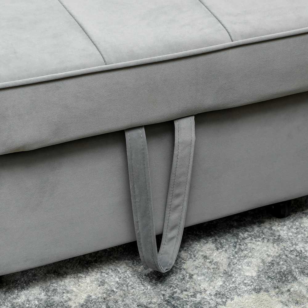 HOMCOM Sofa-lova, 2 vietų sofa su miegojimo funkcija, reguliuojamas atlošas, sofa su pagalvėlėmis, aksomo išvaizdos, L formos sofa-lova su lovos pagrindu, su ratukais, skirta svetainei, svečių kambariui, pilka