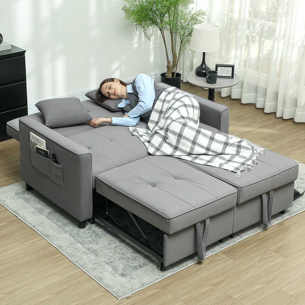 HOMCOM Sofa-lova, 2 vietų sofa su miegojimo funkcija, reguliuojamas atlošas, sofa su pagalvėlėmis, aksomo išvaizdos, L formos sofa-lova su lovos pagrindu, su ratukais, skirta svetainei, svečių kambariui, pilka