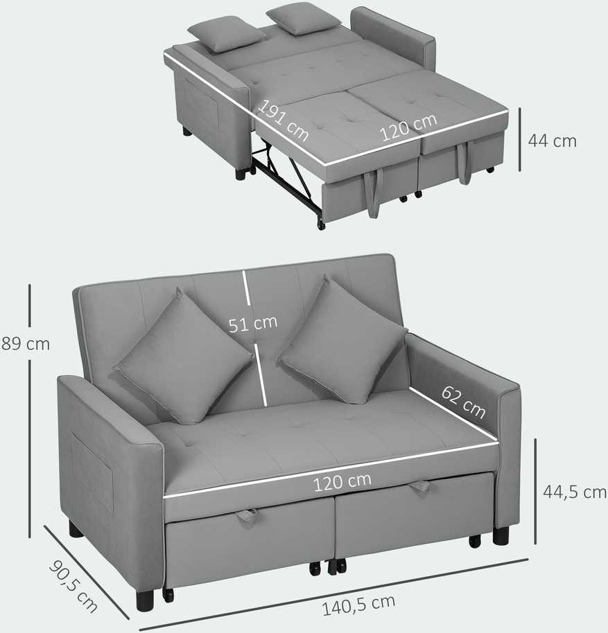 HOMCOM Sofa-lova, 2 vietų sofa su miegojimo funkcija, reguliuojamas atlošas, sofa su pagalvėlėmis, aksomo išvaizdos, L formos sofa-lova su lovos pagrindu, su ratukais, skirta svetainei, svečių kambariui, pilka