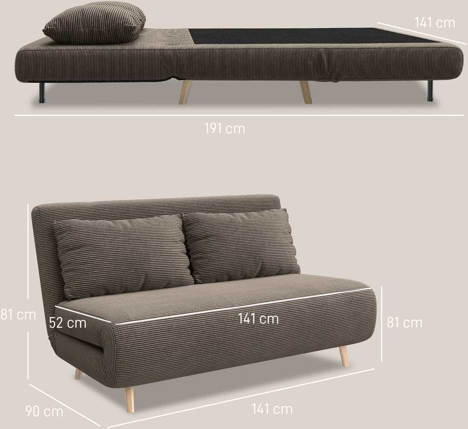 Miegamoji sofa, svečių lova, 3 padėčių reguliuojamas atlošas, kordo audinio išvaizda, iki 120 kg, 141 x 90 x 81 cm, tamsiai rudas