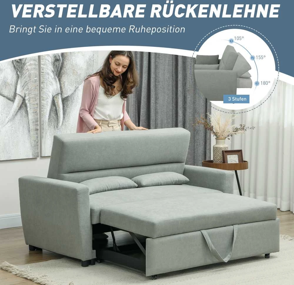 HOMCOM sofa lova, 2 vietų sofa su miegojimo funkcija, reguliuojamas atlošas, sofa su pagalvėlėmis, aksominė išvaizda, sofa-lova su patalynės dėže svetainei, svečių kambariui, šviesiai pilka