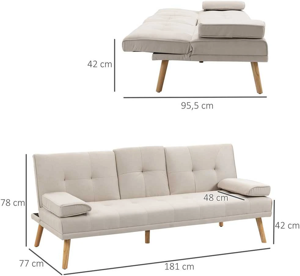 HOMCOM sofa-lova, 3 vietų sofa, sofa-lova su sulankstomu staliuku, audinio sofa su lino efektu, skandinaviško dizaino, išlaikanti iki 250 kg svorį