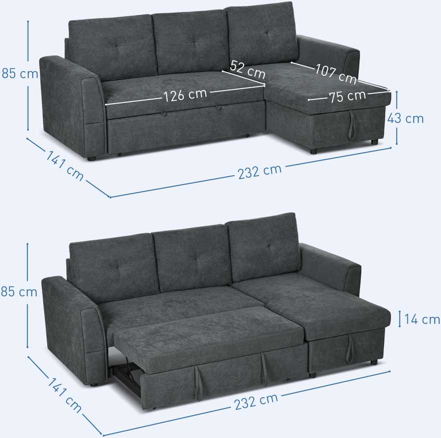 HOMCOM 3 vietų sofa su lovos funkcija, kampinė sofa su šezlongu, minkšta sofa, tamsiai pilka