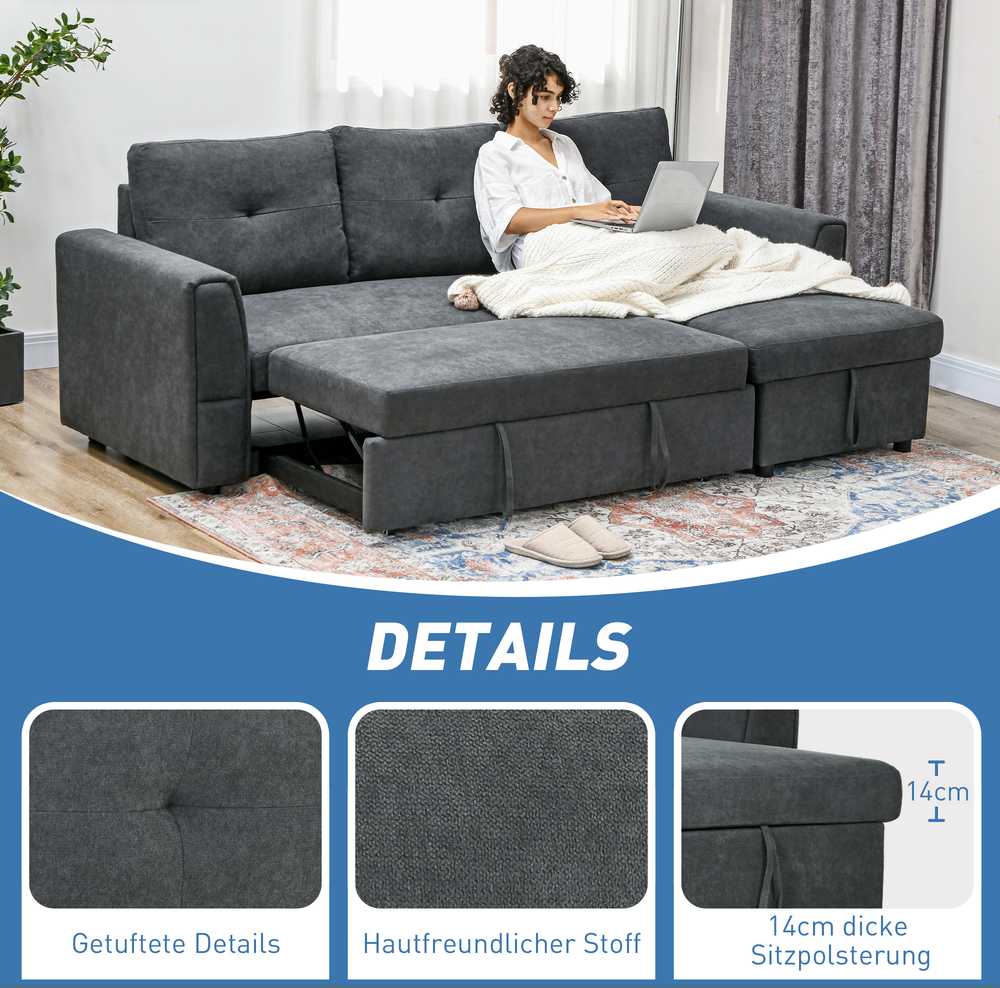 HOMCOM 3 vietų sofa su lovos funkcija, kampinė sofa su šezlongu, minkšta sofa, tamsiai pilka