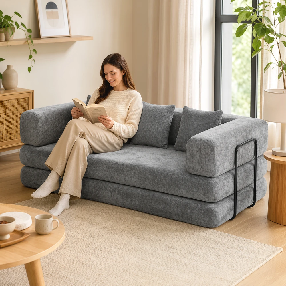Sofa-lova „5 viename“, berėmė, pilka, 205 x 103 x 75 cm