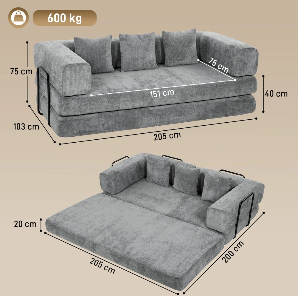 Sofa-lova „5 viename“, berėmė, pilka, 205 x 103 x 75 cm