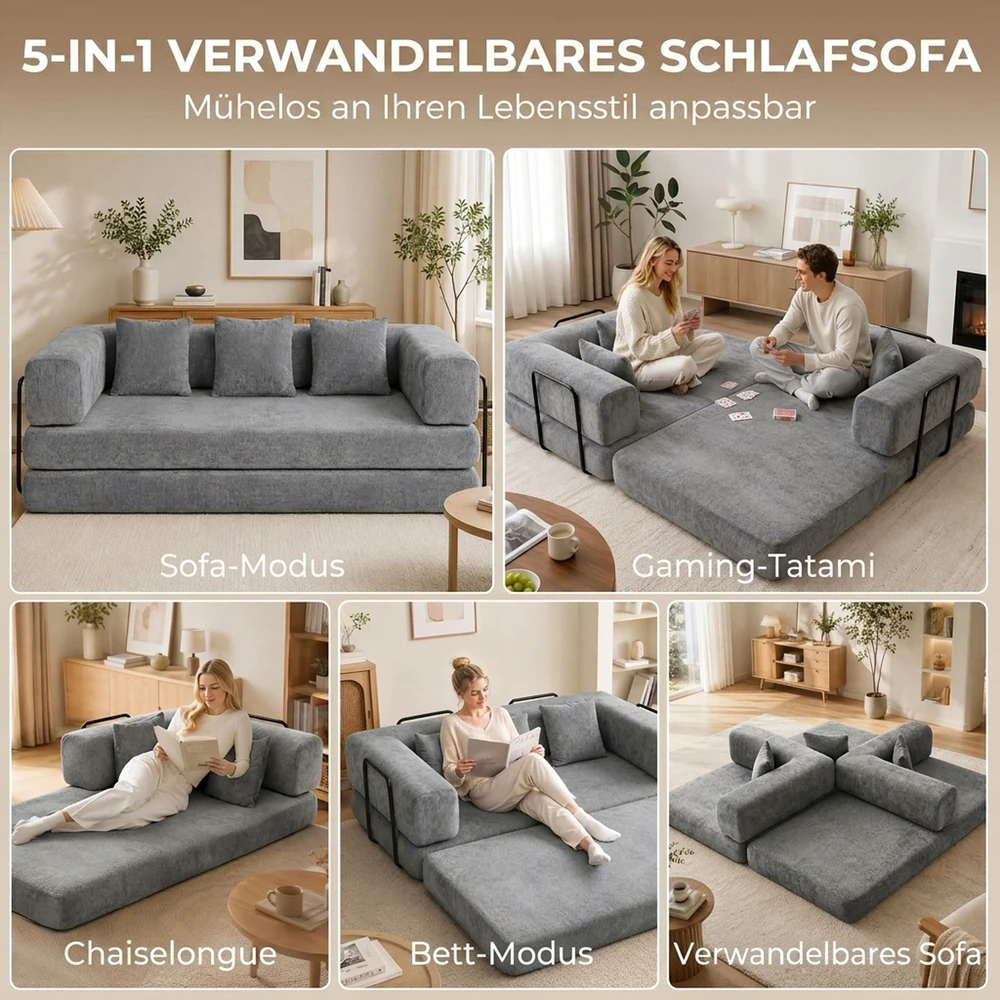 Sofa-lova „5 viename“, berėmė, pilka, 205 x 103 x 75 cm