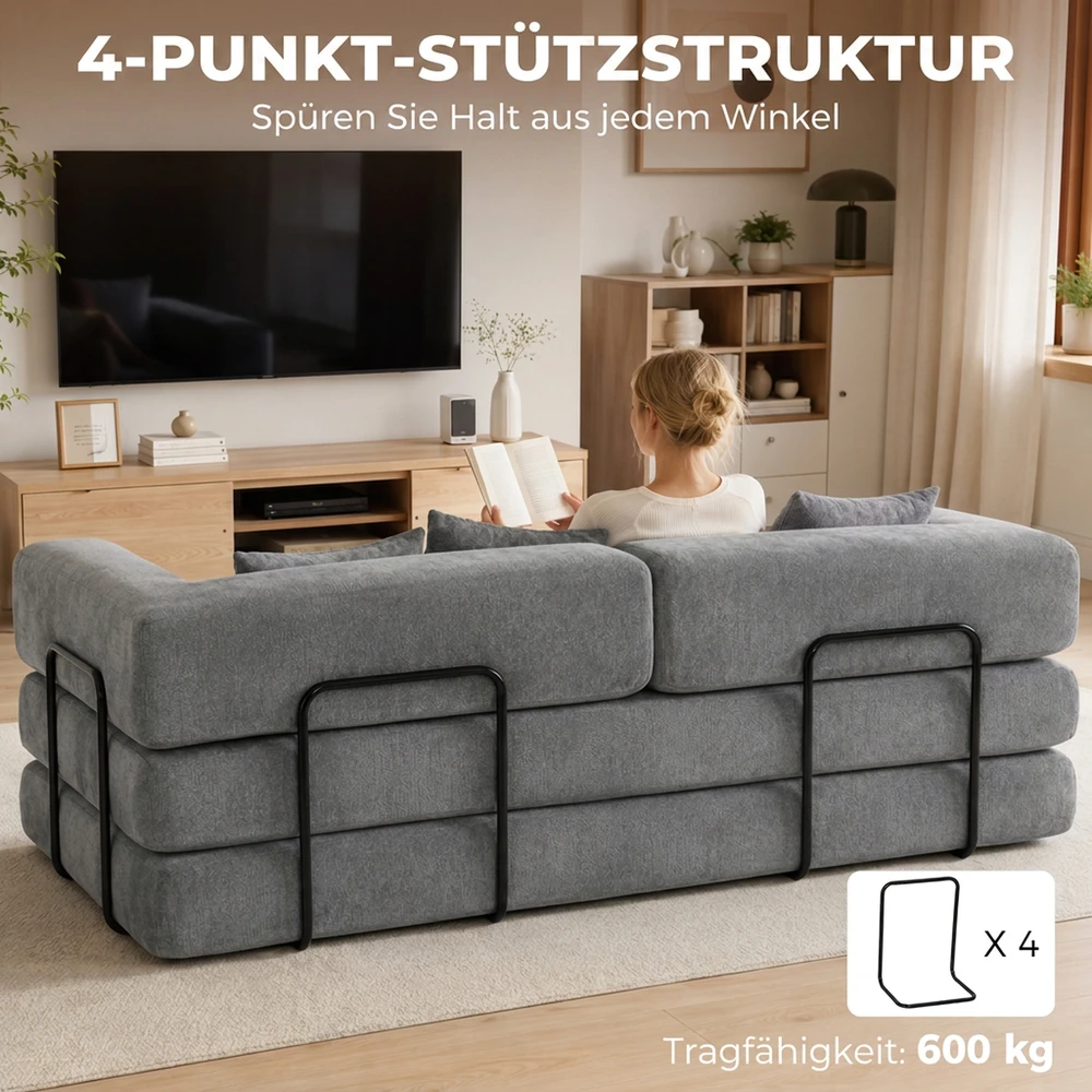 Sofa-lova „5 viename“, berėmė, pilka, 205 x 103 x 75 cm