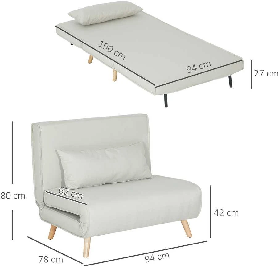 HOMCOM Sofa lova viengulė, sulankstoma sofa su reguliuojamu atlošu, šiaurietiška, lino imitacija
