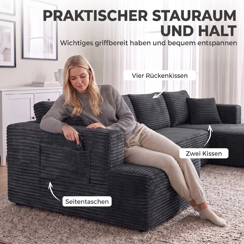 Sofa-lova, modulinė U formos, tamsiai pilka, 369 × 152 × 78 cm