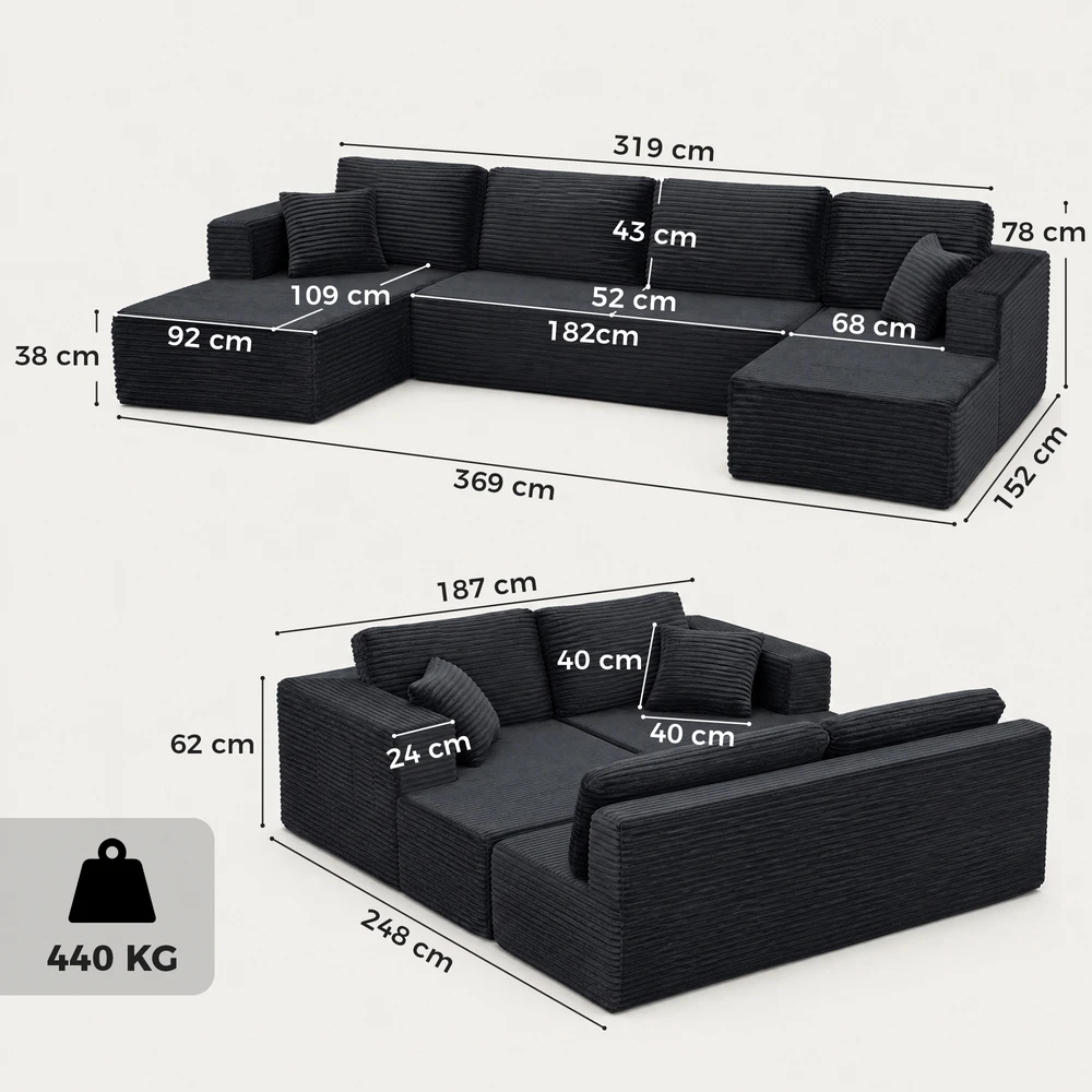 Sofa-lova, modulinė U formos, tamsiai pilka, 369 × 152 × 78 cm