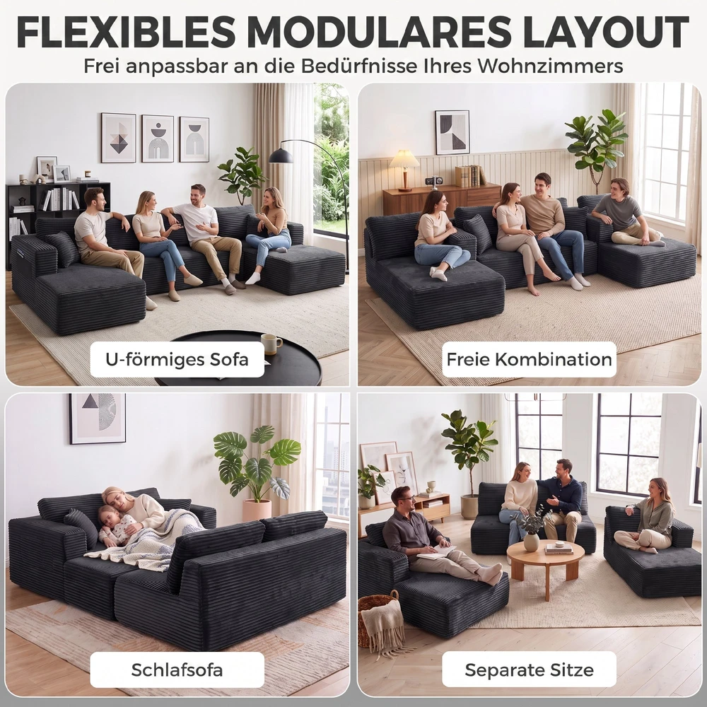 Sofa-lova, modulinė U formos, tamsiai pilka, 369 × 152 × 78 cm